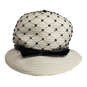 Vintage White Cloche Hat With Black Netting & Bow church hat easter